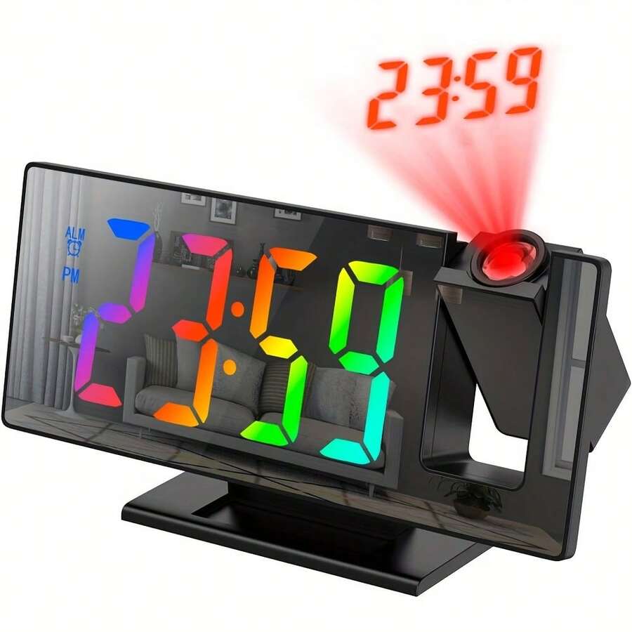 现代数字投影闹钟，180°旋转LED显示屏，USB供电床头灯（3级亮度），贪睡功能，夜间模式，温度监测 - 适用于卧室、客厅、办公室，简约设计，投影可靠，家用及办公皆宜 - 多色 - 查看 1