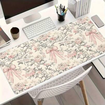 粉色花朵领结图案桌面垫，美观艺术大号鼠标垫，尺寸35.4x15.7英寸，桌面配件，橡胶底座，缝边防滑，高清优质键盘垫，适用于办公室、家庭电脑，可作为礼物送给男士、女士和朋友。