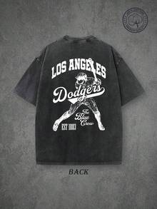 LA Dodgers Washed Vintage Short Sleeve T-Shirt | Retro Baseball T-Shirt, Single-Sided Print, High Quality T-Shirt, Classic Washed Shirt, Washed Pure Cotton T-Shirt, Casual Style, Perfect Gift Choice, Comfortable, Fashion Street Style Pure Cotton T-Shirt. - 黑色 - 查看 2