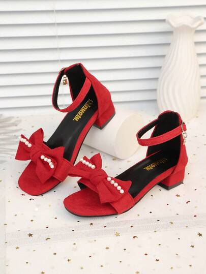 1 Pair Red Soft & Comfortable Suede Leather High Heel Sandals Bohemian Faux Pearl Bow Decor Square Toe 2.5CM Chunky Heel Non-Slip Sole, Fashionable Cute Princess Style Suitable For Daily Wear, Party, Festival, Spring/Summer 2026