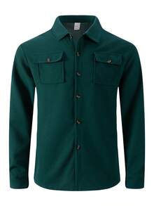 Bộ 2 món áo sơ mi nam màu trơn có cổ và túi + quần, chất liệu polyester nhẹ, thích hợp cho hoạt động thể thao, nghỉ dưỡng, mùa xuân/thu. - Màu xanh lá cây đậm - Xem 2