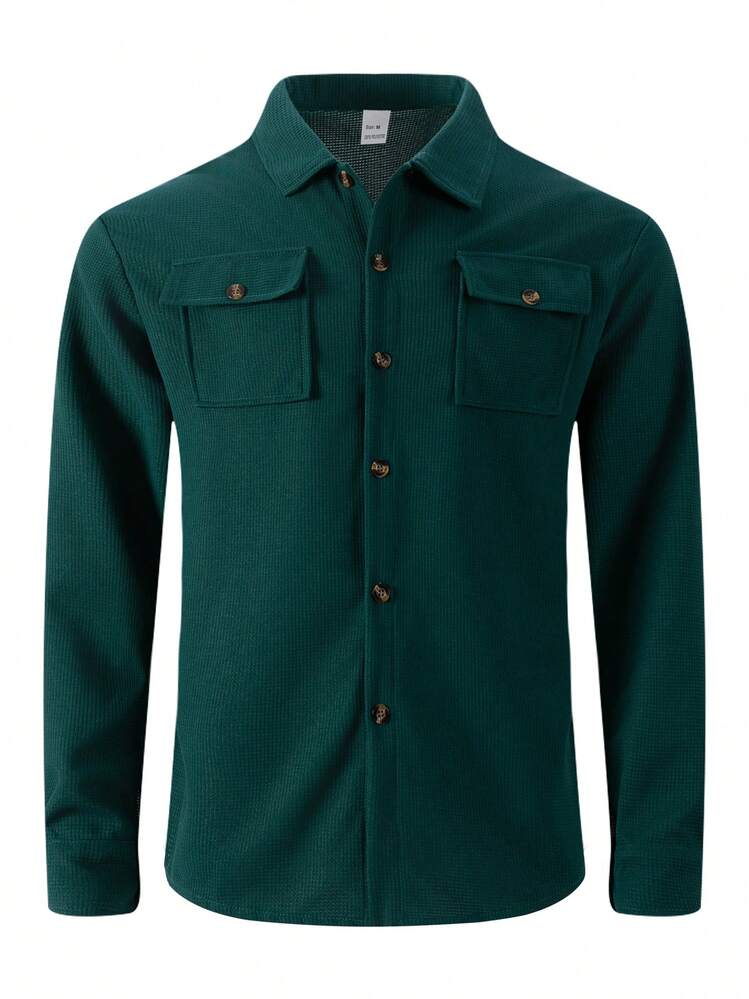 2 piezas Conjunto de camisa casual de unicolor con cuello y bolsillos + pantalones para hombre, de tela de poliéster ligera para ocio, deportes y vacaciones, primavera/otoño - Verde Oscuro - Añade 2