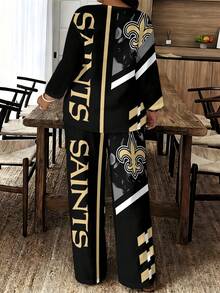 N-F-L N-Ew Orleans Saints Summer Plus-Size Sharp-Collar Short-Sleeve Long-Pants Set For Women, Slightly Plump-Friendly, Breathable And Skin-Friendly, Lazy Matching Set, Friendly Outfit For Formal Gatherings & Outdoor Looks, Available In Sizes S-4XL - 混合色 - 查看 3