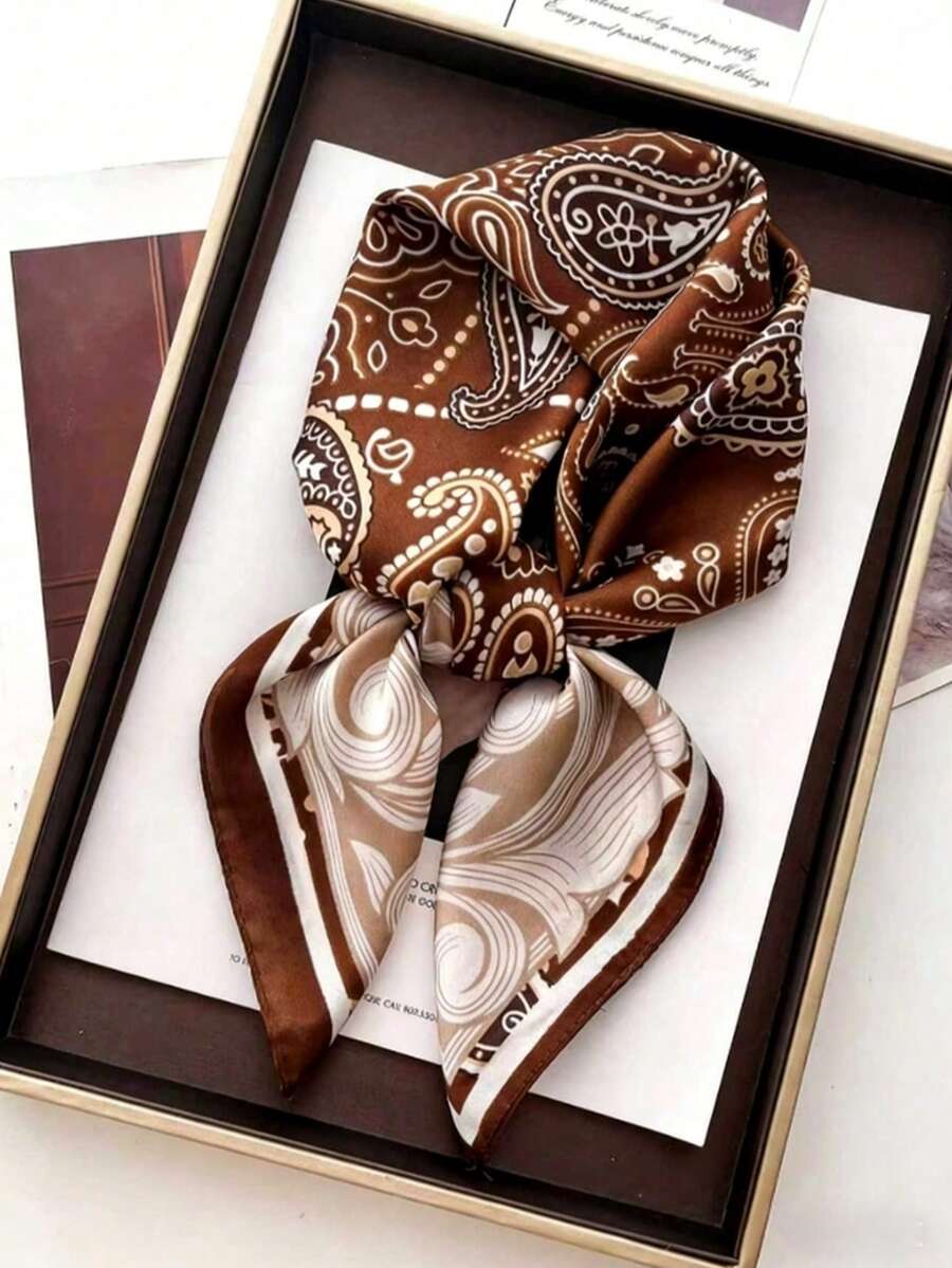1pc 70*70cm Square Silk Scarf Women's Satin Printed Headscarf Bag Scarf Headband Fashion Women's Hair Scarf Shawl Scarf Women's Neck Scarf Headscarf - Brown Cashews - View 1