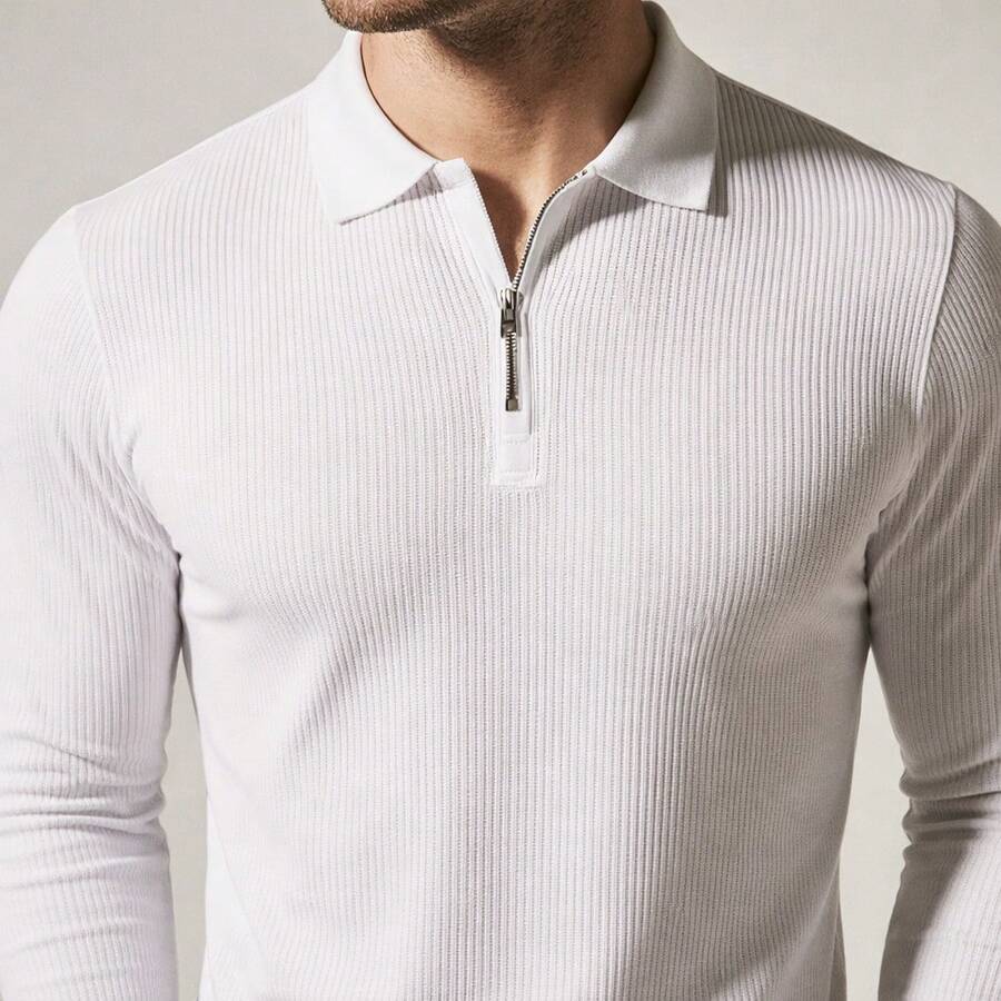 Men's Ribbed Long-Sleeve Polo Shirt With Zipper, Premium Knit - 白色 - 查看 1