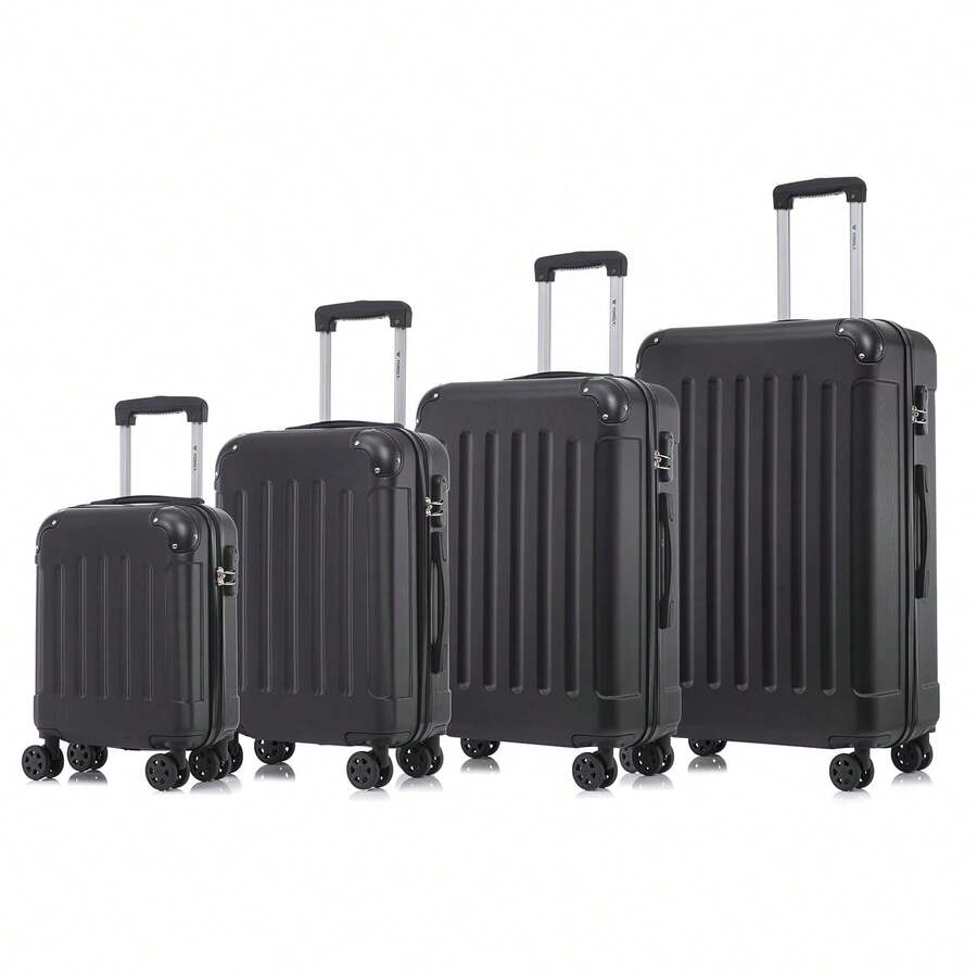 YONSLY 4-Piece Wheeled Suitcase Set With 360° Wheels, Combination Lock, Robust Double Zipper, Mesh Pocket, Soft Rubber Handle, 16/20/24/28 Inch Trolley Suitcase, Hard Shell Carry-On Luggage Set (4-Piece Set, S, M, L & XL) - 黑色 - 查看 1