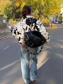 Women's Retro American Street Style Contrast Color Cow Print Jacket, Loose Fit Flattering, Niche Design Short Jacket Vacation Spring - Black and White - View 2