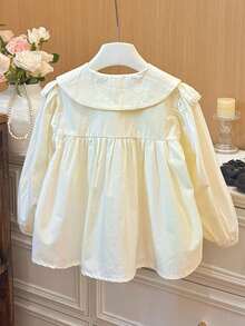 M.Dian xi Camisa con lazo y volantes para niñas, estilo preppy, chaqueta casual de moda para primavera y otoño - Beis - Ver 2