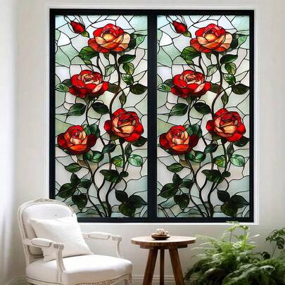 1/5pcsGeometric Floral Pattern Stained Glass Frosted Window Film, Removable Static-Adhesive Privacy Film, Suitable For Bedrooms, Living Rooms, Bathrooms, Kitchens, And Home Decor.