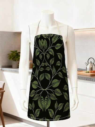 1pc Funny Plant Leaf Pattern Cooking Apron, Deep Green Background With Plant Leaf Print, Size 55*68cm, Halter Design, Suitable For Spring, Easter, Daily Cooking, Baking, And Parties