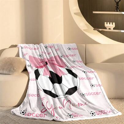 Personalized Football-Themed Plush Blanket, Featuring Classic Black And White Football Design Accented With Pink Bow And All-Over Print, Combining Sports And Sweet Aesthetics - Comfortable For All Seasons, Suitable As Home Decor, Everyday Throw Blanket, Sofa Cover, Bedspread, Or Unique Gift For Birthday, Anniversary, Holiday And More