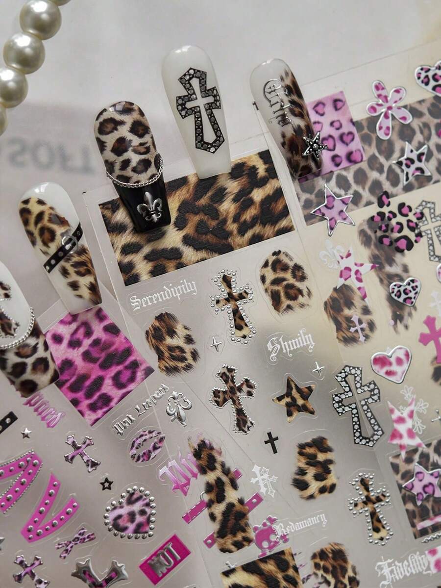 1pc Metal Nail Stickers Cool Retro Leopard Print Heart-Shaped Design Nail Art Accessory Stickers DIY Adhesive Manicure Decals - Multicolor - View 1