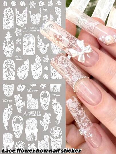 白色花卉系列浮雕美甲贴纸，饰有复古蕾丝法式花卉图案，自粘式美甲装饰工具