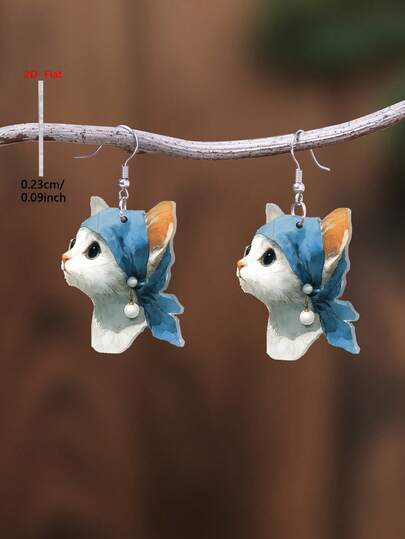 一对2D扁平可爱卡通猫咪亚克力吊坠耳环，优雅简约风格耳环，适合女性日常及节日佩戴。