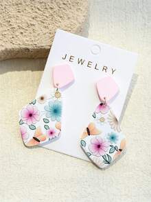 1对女士花卉蝴蝶印花浅粉色陶瓷质感优雅菱形亚克力耳环 - 彩色 - 查看 3
