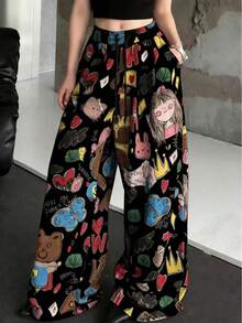 女士卡通印花阔腿裤，宽松休闲裤 - 黑色 - 查看 2