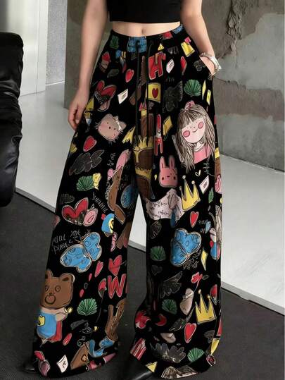 女士卡通印花阔腿裤，宽松休闲裤