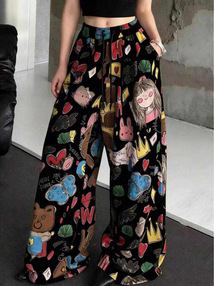 女士卡通印花阔腿裤，宽松休闲裤