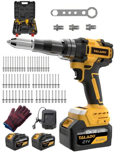 Pistola de remachado de tuercas eléctrica sin escobillas e inalámbrica, herramienta de remachado automático con adaptador para taladro, incluye 2 baterías de 21V + 60 remaches