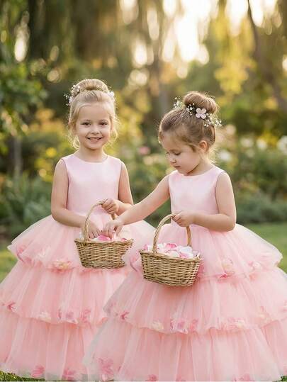 Young Girl Elegant Pink Sleeveless Vest With Detachable Bow Decor, Multi-Layered Tulle Cake Skirt With Floral Applique, Cute Princess Dress Suitable For Home, Daily Wear, Summer Party, Vacation, Birthday, Wedding