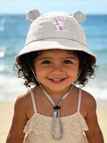 1pc A-Z Floral Letter Girls 3D Bear Ear Bucket Hat -Cute Cap Pink Flower Embroidery Adjustable Anti-Drop Strap Infant Sweet Sun Hat - Beige - View 3