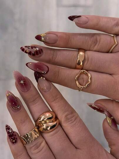 Set de 24 uñas postizas con forma de almendra, con diseño de ombré burdeos 3D ondulado, estilo francés elegante y hermoso, con estrellas de lámina, incluye esmalte de gel y lima de uñas, ideal para niñas y mujeres para uso diario, fiestas y otoño