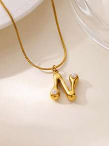 MECYLIFE 1件装时尚不锈钢26字母吊坠项链，镶嵌珍珠，女士项链 - 珍珠字母 - 查看 23