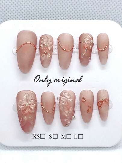 10片粉色手工按压式美甲贴片，杏仁形哑光美甲贴片，带花朵装饰的亚克力美甲贴片。美甲用品，覆盖式美甲贴片，假指甲贴片，女士和女孩人造指甲，纯手工美甲贴片