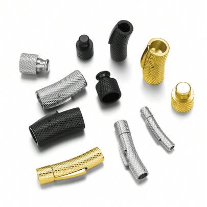 1个不锈钢网状纹理按扣，菠萝纹理弯管按扣，网状手链扣，皮绳手链一体式扣，DIY首饰制作磁性扣