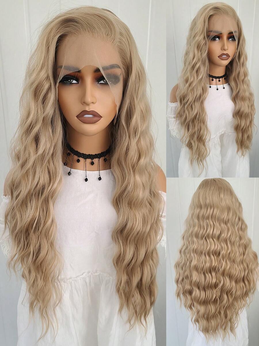13X4 Long Wavy Synthetic Lace Front Wig, Synthetic Golden Wig, Women's Lace Front Wig, Natural Hairline, Cosplay Front Wig