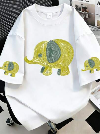 Plus Size Women's Cute Little Elephant ​​Pattern Print Oversize Ladies Short Sleeve Summer Casual