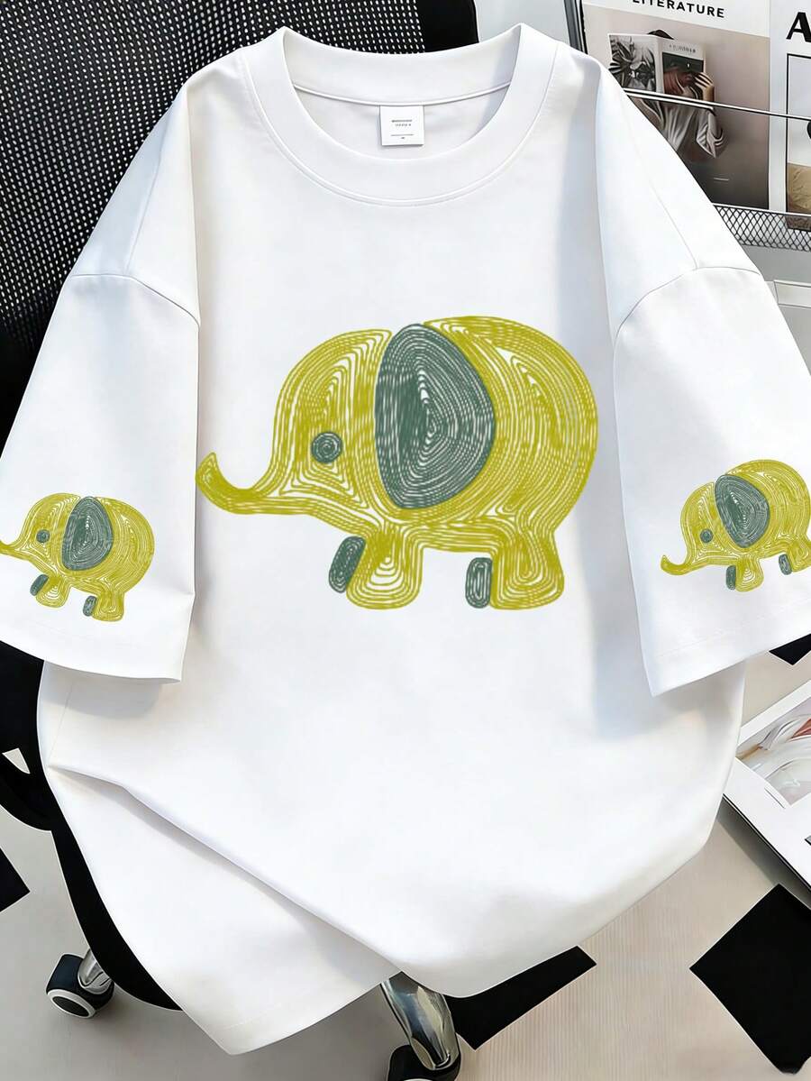 女士可爱大象印花宽松短袖T恤，夏季 - 白色 - 查看 1