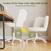 Vanity Chair With Wheels Armless, White Vanity Chair With Back,Ultra-Plush Fleece Cute Desk Chair, Small Office Chair Height Adjustable,For Make-Up Room,Bedroom - 白色 - 查看 7
