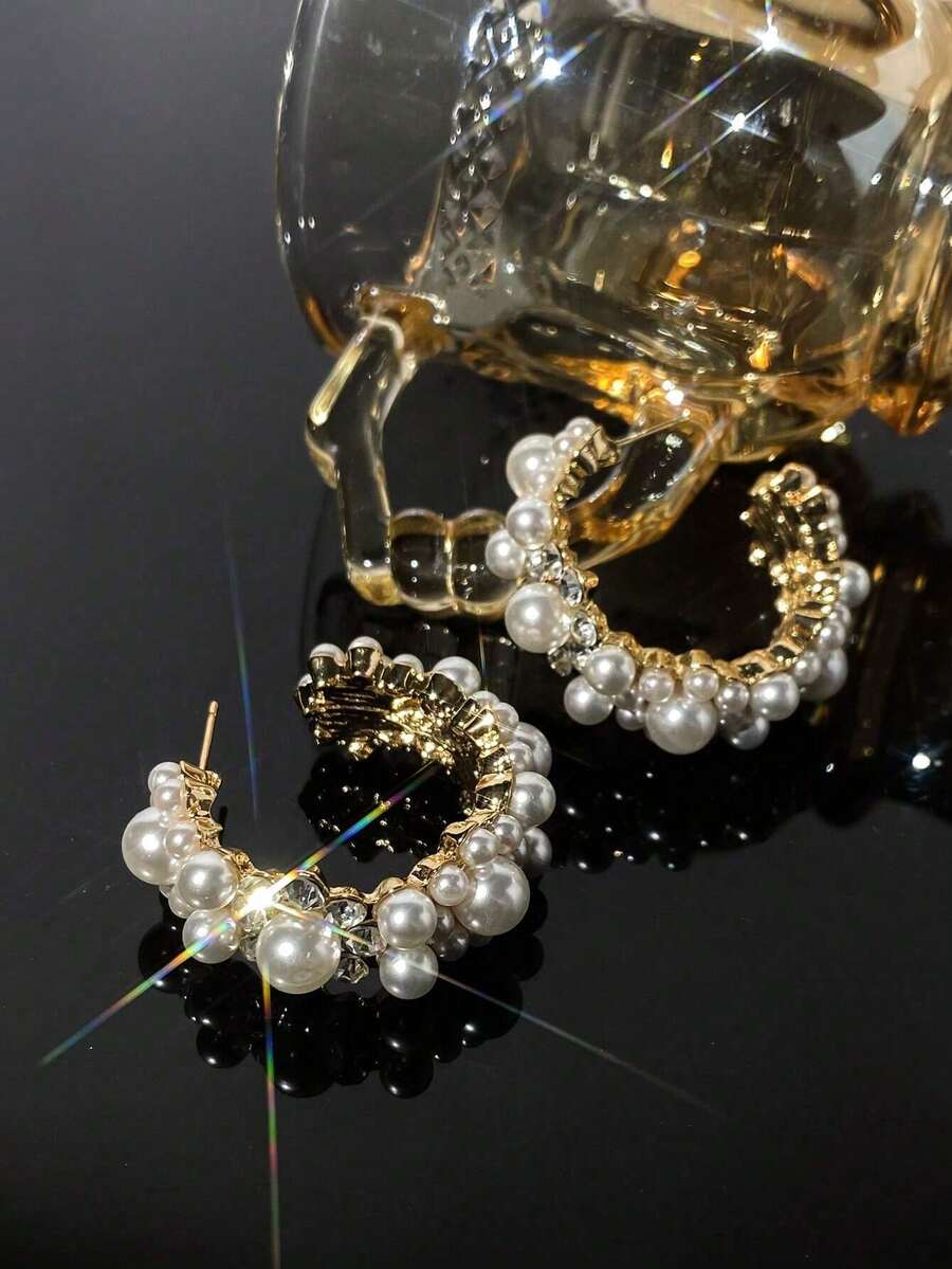 Andkiss Faux Pearl Decor Hoop Earrings - White - View 1