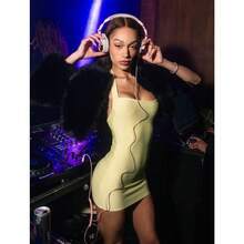 New Fashion Sexy Solid Color Bandage U-Neck Stretch Ribbed Slim Fit Camisole Bodycon Dress For Women - Màu vàng - Xem 5