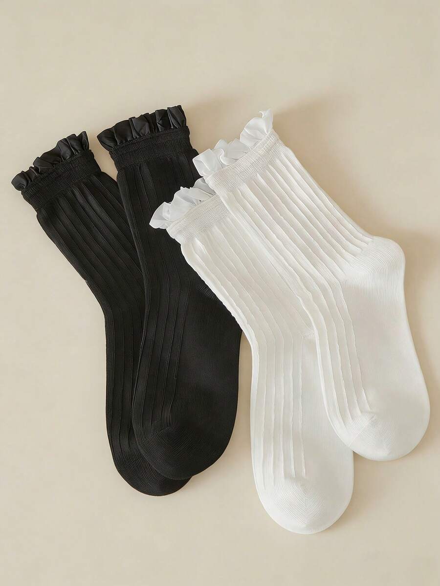 半双装女士蕾丝边中筒洛丽塔袜，白色荷叶边条纹袜，适合日常穿着 - 彩色 - 查看 1