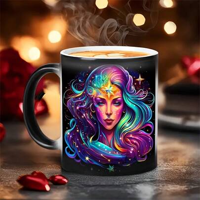 1pc 11oz Zodiac Color Changing Mug, Unique Design Reusable Thermal Sensitive Cup, Printed Ceramic Coffee Cup With Comfortable Handle, Insulated, Personalized Mug, Iced Coffee Cup, Coffee Travel Tumbler, Mother's Day & Birthday Gift, Valentine's Day Gift For Him & Her, Fun Teacher Present, Suitable For Home, Kitchen, Living Room And Back To School