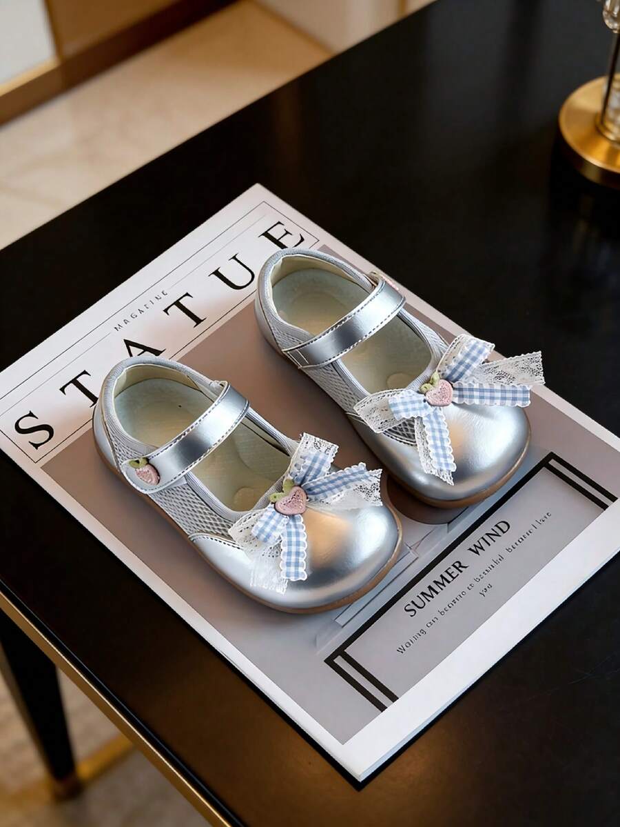 Girls' Shiny Mesh Shoes, New Design Princess Style Soft Bottom Toddler Shoes, Hook And Loop Casual Wear For Kindergarten, Party, Performance, Spring/Autumn, Non-Slip, Lightweight, Toe Protection, Comfortable Kids Shoes - Silver - View 1