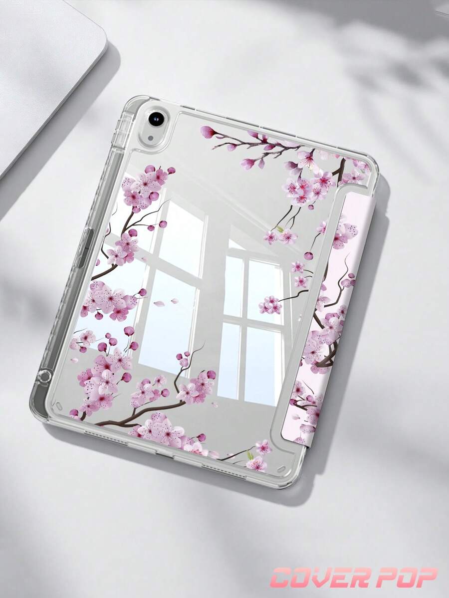 樱花图案平板电脑保护套，适用于 iPad Air 11 英寸 M3 2025/M2 2024、iPad Air 第五代 2022、(A16) 11 英寸第十一代 2025、Galaxy Tab、Kindle Paperwhite 第十二代 2024。透明背板搭配时尚图案，支持自动休眠/唤醒功能，内置气垫保护，适合作为礼物或办公用品。