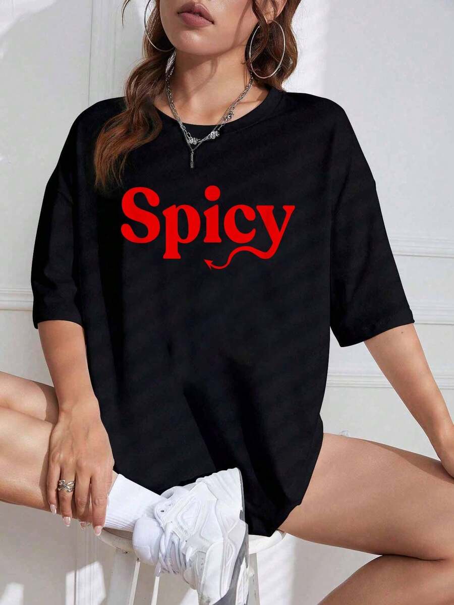 Camisetas a juego 100% algodón unisex para parejas, estilo dulce y picante, camiseta gráfica informal para hombre y mujer. - Negro - Ver 1