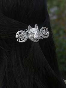 1pc Metal Wolf Head Totem Spring Clip Hair Accessory, Retro Silver Electroplated Ponytail Clip - Silver - View 1