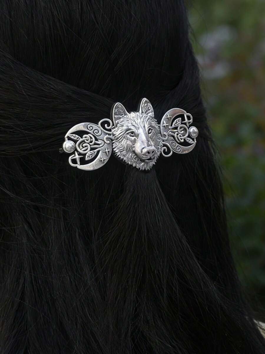 1pc Metal Wolf Head Totem Spring Clip Hair Accessory, Retro Silver Electroplated Ponytail Clip - Silver - View 1