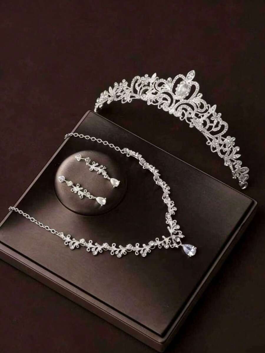 4pcs/Set Silver Crown Necklace & Earrings Bridal Wedding Jewelry Set - Silver - View 1