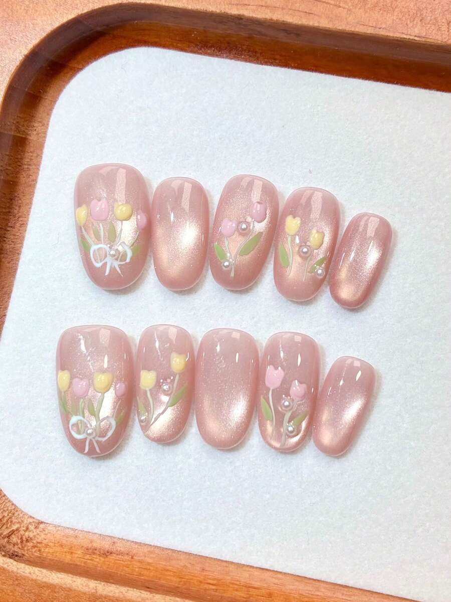 10er Set, handgemachte, verschleißfeste, weiche rosa Katzenauge Tulpen Nagel Sticker, handbemalte 3D Blumen Edelstein dekorierte Kunstnägel, zarte Puder Farbverlauf Maniküre Teile, einzigartiger Frühlingsstimmung Nagel Covers, vielseitig für Pendeln & Date, Braut & Brautjungfer sanfte Stilrichtung, Studenten tägliches frisches Design, abnehmbar & wiederverwendbar, nicht schädlich für natürliche Nägel, geeignet für Anfänger, Stil