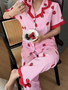 Dreamivo 两件套女士睡衣套装，粉色碎花荷叶边短袖长裤睡衣套装，翻领舒适睡衣 - 柔软纽扣上衣和松紧腰长裤，休闲家居服 - 紅色 - 查看 5