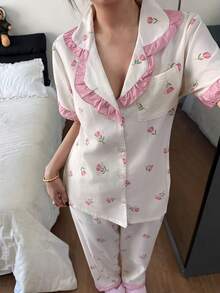 Dreamivo Bộ đồ ngủ nữ 2 món, áo tay ngắn và quần họa tiết hoa màu hồng, viền bèo nhún, áo sơ mi tay ngắn cài cúc cổ ve áo mềm mại thoải mái và quần cạp chun, đồ mặc nhà thường ngày. - Hồng - Xem 3