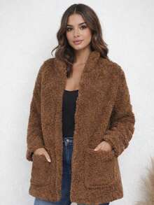 Women's Teddy Coat With Hood And Pockets | Warm, Casual, Fleece-Lined Winter Jacket - Rỉ Nâu - Xem 4