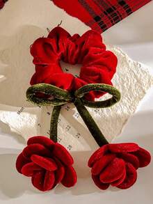 1pc Flower Bow Scrunchie Hair Accessory, Suitable Girls, Birthdays, Parties, Valentine's Day, Dancing Performances, And Everyday Wear, Autumn/Winter Woman Accessories ,Ponytail Holders ,Hair Elastics ,Hair Rubber Bands ,Hair Rope ,Elastic Hair Tie Elastic Band Beauty Home Hair Accessories - 紅色 - 查看 3