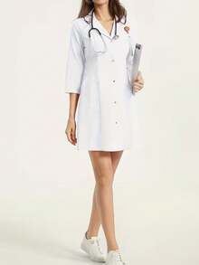 Women's Solid Color Single-Breasted Casual Daily Uniform Lab Coat White - White - View 2