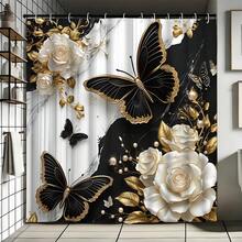 1/4 Set Of Fashionable Marble-Effect Butterfly Shower Curtain Set, Bathroom Decorations And Accessories, Anti-Slip Bathroom Floor Mat, U-Shaped Carpet, Toilet Seat Cover, 70.9*70.9in Shower Curtain Cord, 12 Durable Hooks, Exquisite Holiday Gift - G - View 12